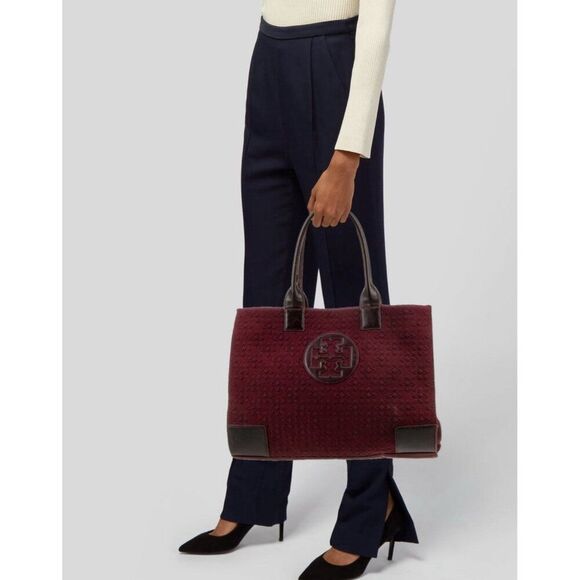 Tory Burch Authentic Solid Burgundy Wine Red Tote Bag Leather Nylon - Picture 2 of 10